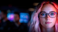 Young woman with glasses and blonde hair illuminated by vibrant neon pink lighting against dark background, creating modern cyberpunk atmosphere for lifestyle and portrait designs.
