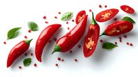 Fresh red hot chili peppers sliced in half showing seeds, scattered with basil leaves on white background for food ingredient photography.