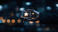 Hand holding glowing phone screen with star shapes against dark bokeh background, creating magical nighttime atmosphere with sparkles and light effects.