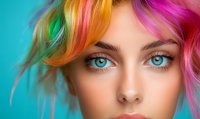 Young woman with bright rainbow colored hair and striking blue eyes against turquoise background, close-up portrait showing creative hair coloring and makeup artistry.
