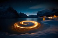 Mesmerizing light spiral created by steel wool spinning against snowy mountain landscape at night, glowing orange trails reflect on frozen lake surface under starry sky.
