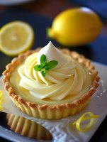 Fresh lemon tart with swirled cream filling and mint garnish on white plate, whole citrus fruits in background, close up view of French pastry dessert.