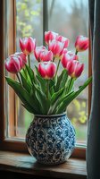 Red and white tulips in decorative blue and white ceramic vase on windowsill with garden view. Fresh spring flowers for home decor, floral arrangements, and interior design projects.