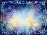 Magical night sky with golden fireworks and bokeh lights framed by ornate blue border, suitable for fantasy backgrounds and mystical designs.
