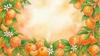 Watercolor orange tree branches with blossoms and ripe fruit frame a warm, glowing center space. Ideal for backgrounds, invitations, and seasonal designs.