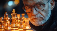 Senior Caucasian man with glasses and gray beard contemplating chess strategy, illuminated by warm orange light against dark background, focused expression.