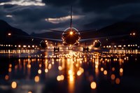 Commercial aircraft on illuminated runway at night with dramatic lighting and mountain backdrop for aviation and travel industry marketing.