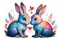 Adorable pair of blue and pink bunnies in artistic fantasy style with hearts and floral elements, perfect for Valentine's cards, romantic designs, and children's illustrations.