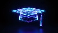 Digital graduation cap made of glowing blue particles and wireframe lines on dark background representing online education and academic achievement.