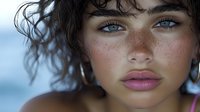 Young woman with freckles and blue eyes looking at camera with natural makeup and tousled hair for beauty and skincare concepts.