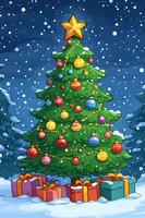Decorated evergreen tree with colorful ornaments, star topper and wrapped presents beneath, set against snowy night sky with falling snowflakes and winter forest.