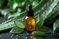 Amber glass dropper bottle with essential oil surrounded by fresh green leaves and water drops on dark surface, natural wellness concept for spa and aromatherapy.