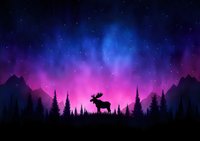 Silhouette of moose standing in forest against vibrant northern lights sky with stars, mountains and pine trees creating magical wilderness atmosphere.