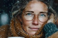 Middle-aged Caucasian woman with glasses and knit scarf enjoying winter snowfall outdoors. Cozy seasonal portrait for lifestyle and weather concepts.