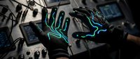 Futuristic robotic hands with glowing blue circuit patterns in high-tech laboratory setting. Advanced AI technology and cybernetic enhancement concept.