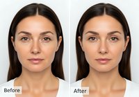 Before and after comparison of woman with dark hair showing results of skincare treatment, highlighting improved complexion and reduced signs of aging.