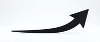 Black curved arrow pointing upward and right on white background, isolated graphic element for business growth, success, and direction concepts.