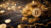 Golden cryptocurrency coins on dark background with trading chart and bokeh lights, financial market concept for digital currency investment.