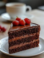 Slice of rich chocolate layer cake with creamy chocolate filling, topped with glossy ganache and fresh red currants on white plate, coffee cup in background.