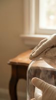 Elderly hands in protective gloves carefully handling glass jar in warm sunlit kitchen interior for safe food preservation and hygiene practices.