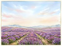 Lavender field at sunset with rolling hills and irrigation channels, showcasing purple flowering plants in full bloom across expansive countryside landscape for travel, nature, and agricultural design projects.