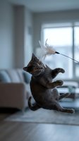 Gray tabby cat jumping and playing with feather toy in modern living room with bright window, capturing playful pet behavior and indoor entertainment for cat owners.