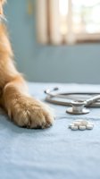 Close-up of a cat's paw near scattered pills and stethoscope on medical examination table, representing veterinary care, pet health, and animal medicine for healthcare and wellness concepts.