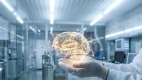 Medical professional holding glowing brain hologram in modern laboratory representing neuroscience research and artificial intelligence technology.