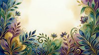 Ornamental foliage frame with swirling leaves and botanical elements in purple, gold, and green tones on cream background, suitable for invitations and decorative designs.