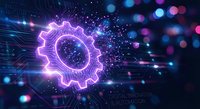 Glowing purple gear icon with digital circuit patterns and bokeh lights on dark blue technology background for business automation concepts.