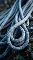 Coiled blue marine rope with detailed braided texture lying on weathered wooden dock surface for nautical and sailing applications.