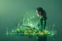 Young Asian businesswoman with digital tablet against futuristic green cityscape, double exposure effect perfect for technology, innovation and smart city concepts.
