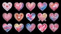 Watercolor heart shapes in pink, red, purple, and blue tones with decorative patterns, swirls, and floral details. Isolated on transparent background, ready for t-shirt designs, stickers, clipart, sublimation, and print-on-demand projects.