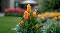 Vibrant orange celosia flowers in garden with hovering hummingbird feeding on nectar, blurred natural background with yellow blooms and greenery.