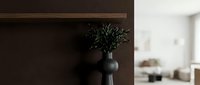 Modern minimalist interior with dark wooden shelf displaying black sculptural vase holding fresh greenery, blurred bright room background, contemporary home decor styling.