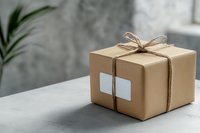 Brown kraft paper parcel box tied with twine bow and blank white label on light surface, selective focus with green plant leaf in background.