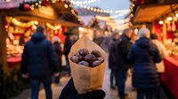 Roasted chestnuts in paper cone at festive Christmas market with warm bokeh lights and holiday stalls creating cozy winter atmosphere for seasonal celebrations.