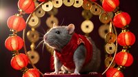 Rat wearing red traditional clothing sitting in circular frame of red and gold lanterns and coins against dark background, celebrating lunar new year festival.