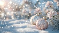 Delicate Christmas ornaments nestled in sparkling snow with soft bokeh lights creating a magical winter holiday atmosphere.