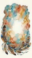Watercolor boho frame with decorative feathers and turquoise beads on textured background for spiritual designs and bohemian projects.