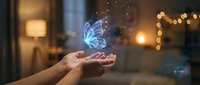 Hand holding glowing blue butterfly with sparkling light effects in cozy indoor setting with warm bokeh lights for digital transformation concepts.