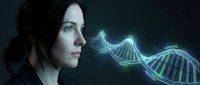 Young woman scientist examining glowing DNA double helix structure in dark laboratory environment for genetic research and biotechnology applications.