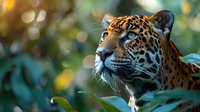 Majestic jaguar resting among tropical foliage with beautiful bokeh lighting. Wild cat portrait showcasing spotted coat pattern and intense gaze in natural habitat.