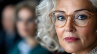 Mature Caucasian businesswoman with silver hair and stylish glasses looking confidently ahead. Professional corporate portrait with soft lighting and blurred background.