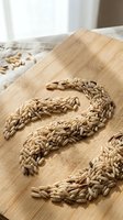 Sunflower seeds arranged in curved lines on wooden cutting board with natural daylight, suitable for food photography, healthy eating content, and culinary design projects.