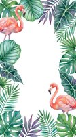 Tropical flamingo frame with lush green monstera and palm leaves border on white background, suitable for invitations, greeting cards, social media posts, and summer designs.