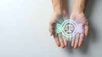 Caucasian male hands holding glowing neon peace symbol with light rays, representing hope, unity, and peaceful concepts for design projects.