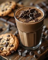 Creamy chocolate milkshake topped with dark chocolate chunks served with chocolate chip cookies on rustic wooden background, selective focus on drink garnish.