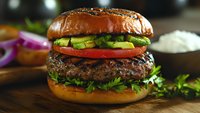 Juicy grilled beef burger with fresh vegetables, lettuce, tomatoes, and avocado slices on toasted brioche bun, served on wooden surface with garnish.