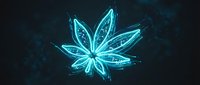 Glowing cyan cannabis leaf with electric energy effects and particle trails on dark background for digital art projects.